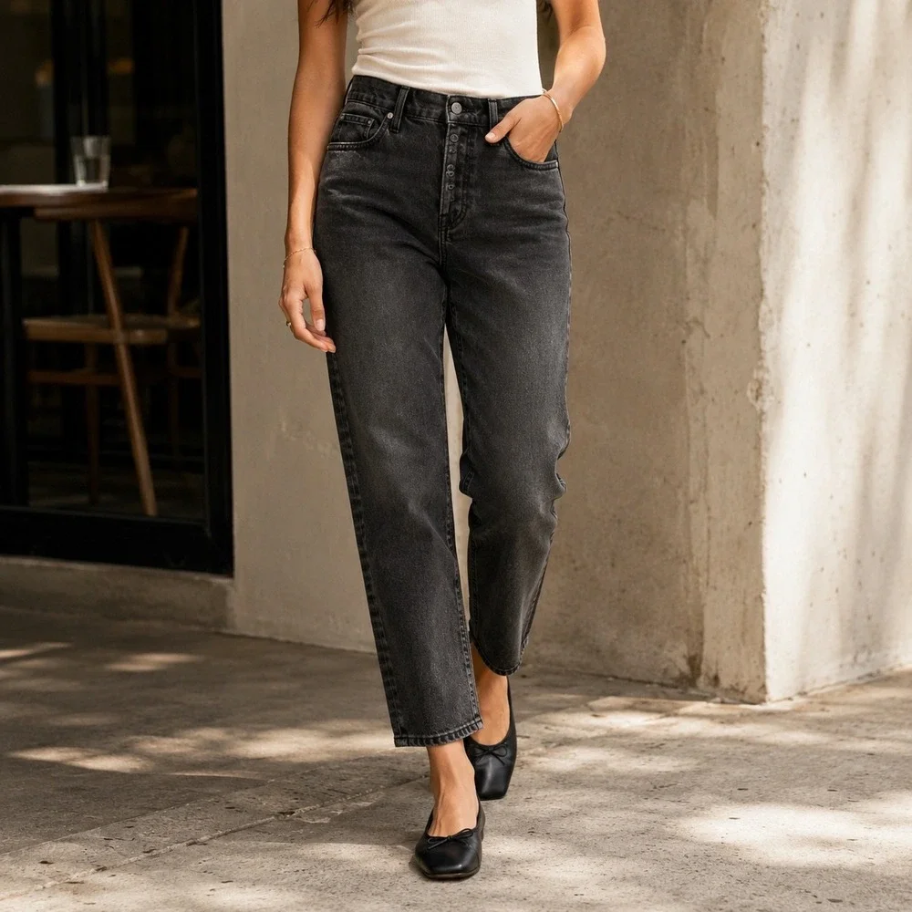 FRAME Le Slouch Jeans Ozone Washed‎ Black Button Fly Straight Ankle 25